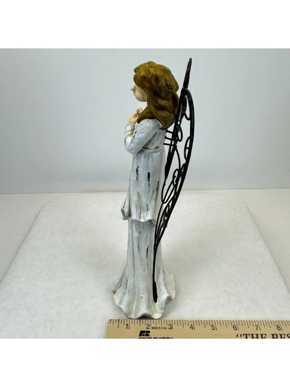 Vintage Rustic White Christmas Angel Figurine With Metal Wings Gold Trumpet 11" - Picture 10 of 10